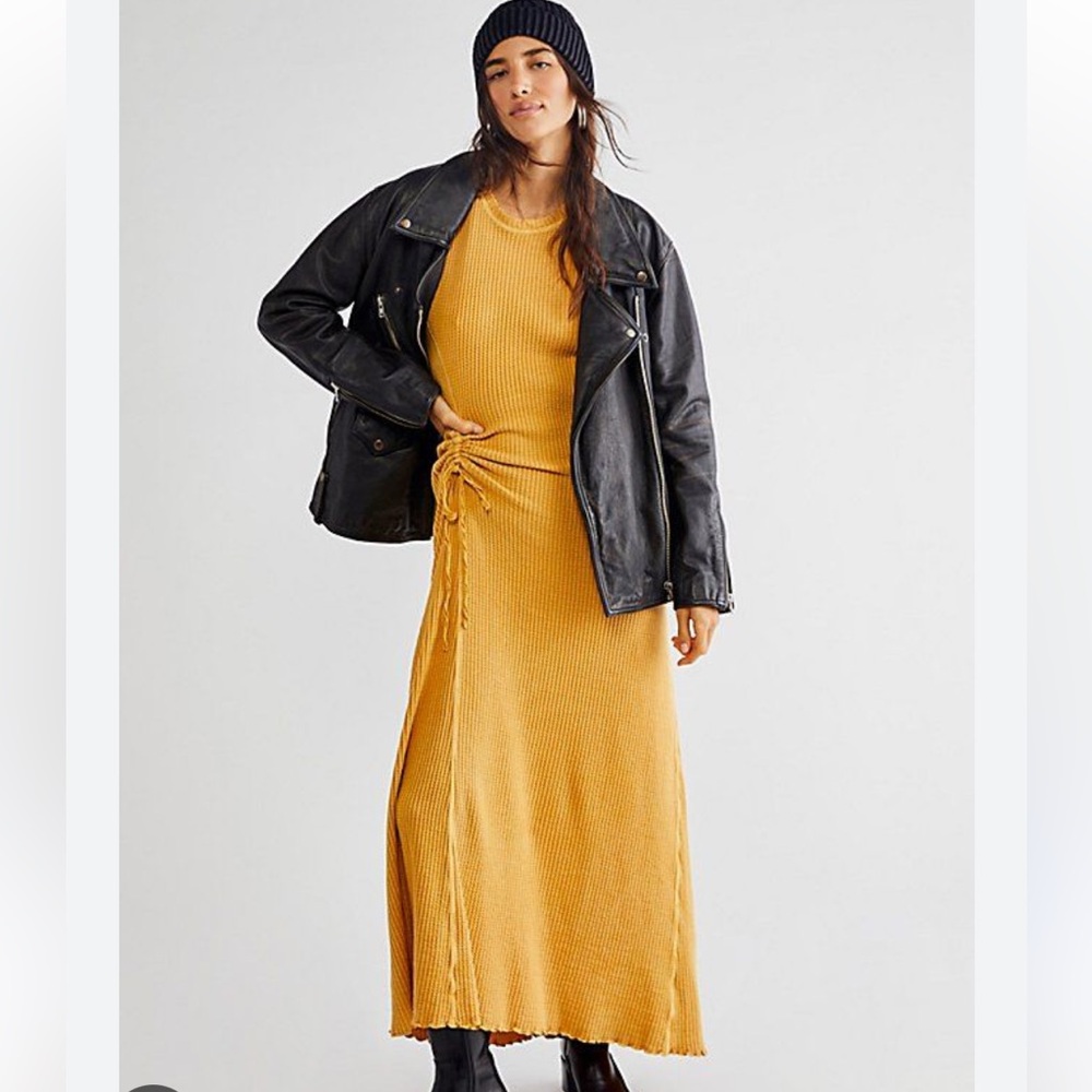 FREE PEOPLE SOLD OUT NATASHA THERMAL DRESS XS mustard yellow